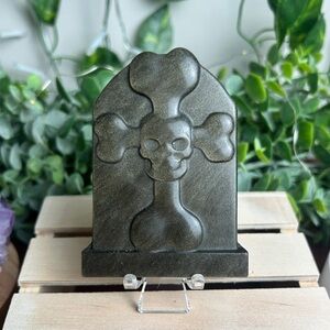 Gold Sheen Obsidian Skull Gravestone Carving